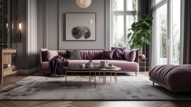 Luxuriöses, modernes Innendesign, Wohnzimmer, Sofa-Trend des Jahres, Farbe Flieder