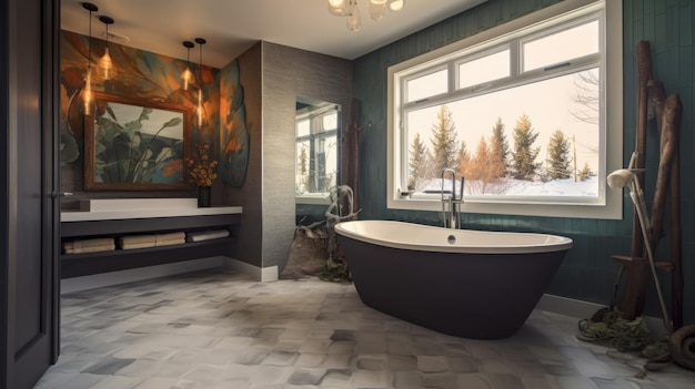 Luxuriöses modernes kleines Badezimmer mit Badewanne und natürlicher Aussicht aus dem Fenster Generative AI AIG27