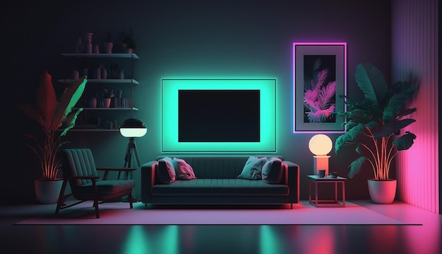 Luxuriöses, modernes Neon-Dekor, Wohnzimmer-Innenarchitektur, KI-generiertes Bild