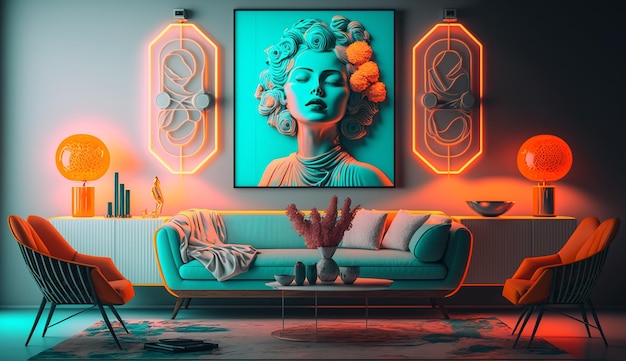 Luxuriöses, modernes Neon-Dekor, Wohnzimmer-Innenarchitektur, KI-generiertes Bild