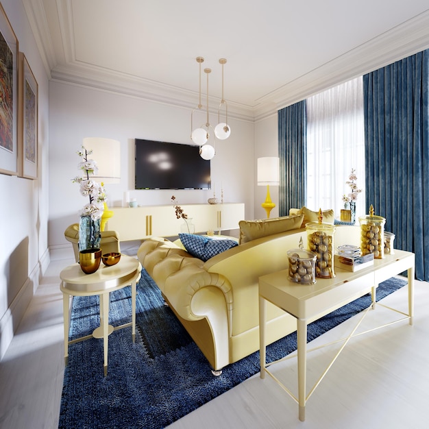 Luxuriöses, modisches Wohnzimmer mit gelben Polstermöbeln und blauem Teppich und Dekor, gelbe Konsole mit Dekor. 3D-Rendering
