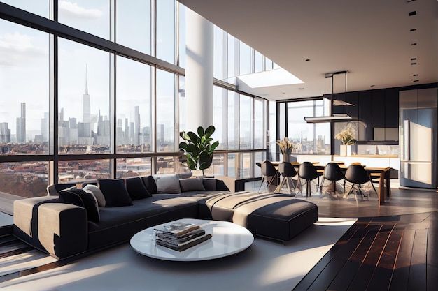 Luxuriöses Penthouse mit Blick auf die Skyline der Stadt und einem eleganten, modernen Interieur