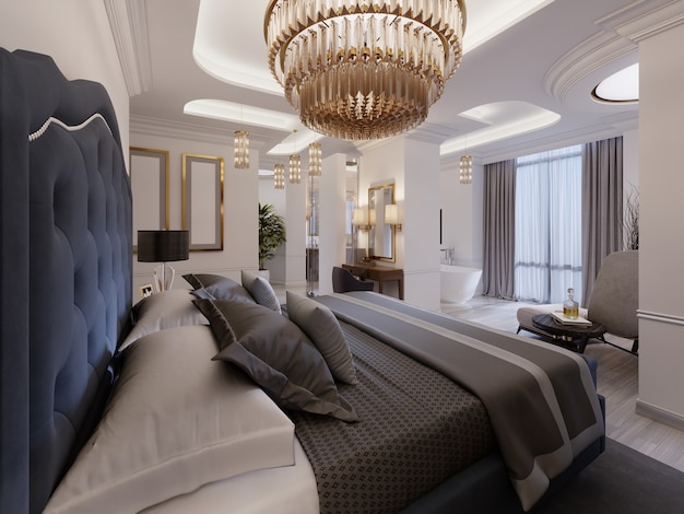 Luxuriöses Präsidenten-Hotelzimmer mit Schlafzimmer und offenem Badbereich in Weiß und hellen Farben im modernen Stil. 3D-Rendering.