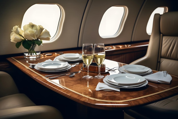 Luxuriöses Privatjet-Interieur, Plüschledersitze, Champagnergläser auf einem polierten Holztisch.