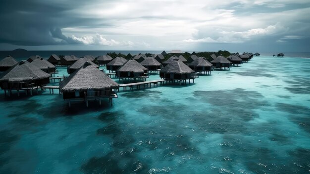 Luxuriöses Resort im Meer mit Hütten und generativer Korallenriff-KI