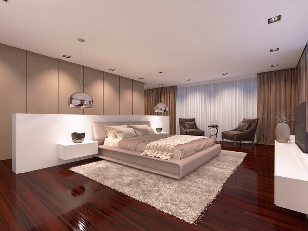 Luxuriöses Schlafzimmer im zeitgenössischen Stil des Abendlichts. 3D-Rendering