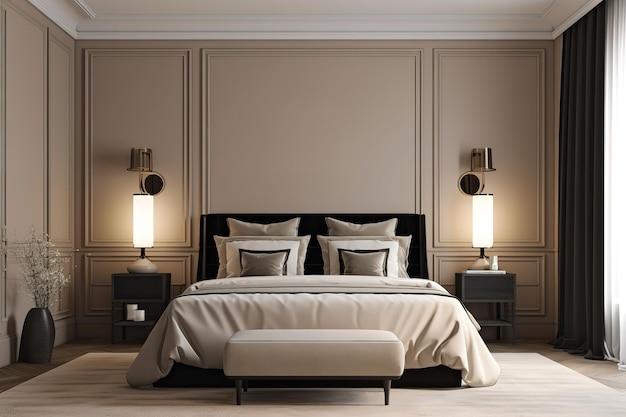 Luxuriöses Schlafzimmer in hellen Farben mit goldenen Möbeldetails. Großes, komfortables Doppelzimmer mit generativer KI