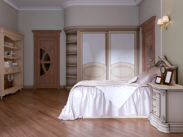 Luxuriöses Schlafzimmer mit zwei Einzelbetten im klassischen Stil. Mit Bücherregal, TV und Schminktisch. 3D-Rendering.