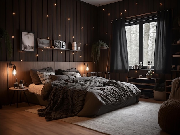 Luxuriöses schwarzes Holz Schlafzimmer Interieur gut ausgestattet KI generiert