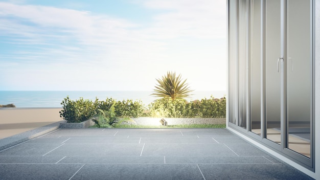 Luxuriöses Strandhaus mit Meerblick-Patio und Terrasse in modernem Design.