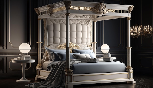 Luxuriöses, traditionelles Bett-Innendesign im klassischen Stil, KI-generiertes Bild
