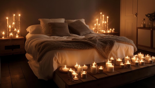 Luxuriöses, von Kerzenlicht beleuchtetes Bett schafft gemütliche Schlafzimmerruhe, erzeugt durch künstliche Intelligenz