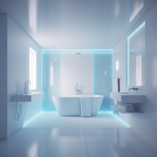 Luxuriöses weißes Badezimmer mit blauem LED-Licht Moderne große Badewanne und Marmorfliesen Generative KI