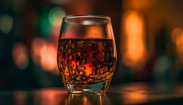 Luxuriöses Whiskyglas reflektiert die beleuchtete, von KI erzeugte Feierflamme