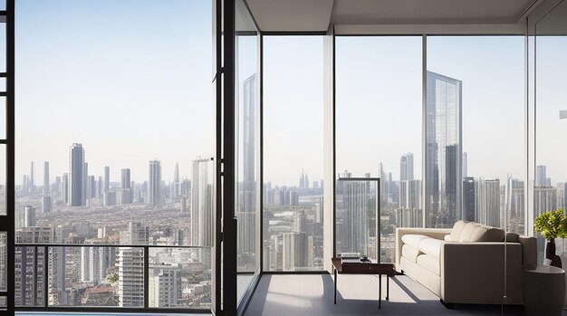 Luxuriöses Wohnen im Herzen der Stadt. Modernes Hochhausapartment mit atemberaubendem Blick auf die Skyline der Stadt