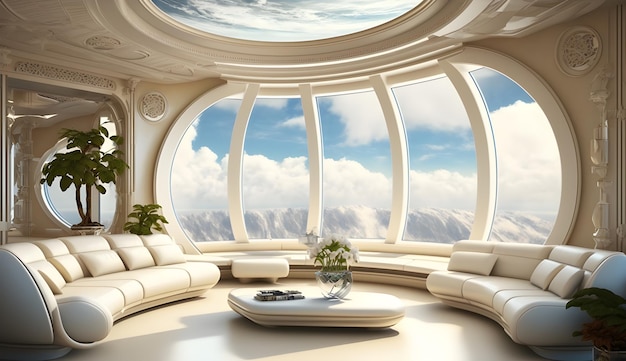 Luxuriöses Wohnzimmer auf einem Raumschiff mit Blick auf die Erde und die Sterne jenseits der generativen KI