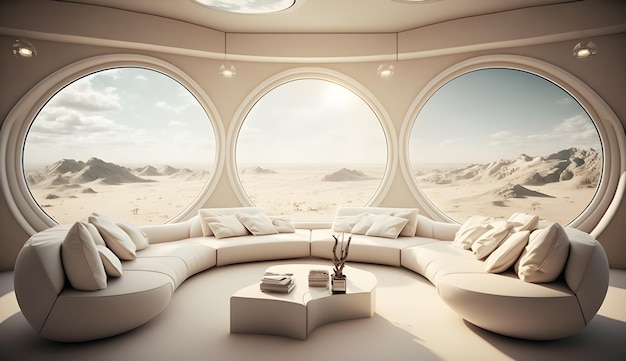 Luxuriöses Wohnzimmer auf einem Raumschiff mit Blick auf die Erde und die Sterne jenseits der generativen KI