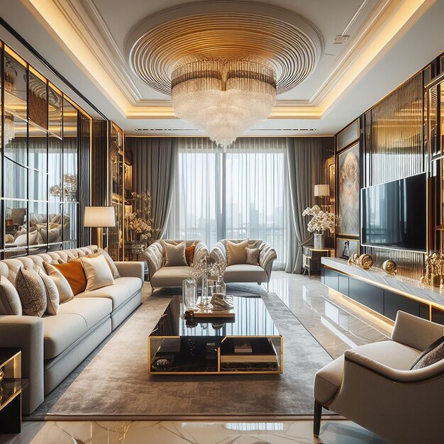 Luxuriöses Wohnzimmer im modernen Stil mit Sofa, Sessel, Designermöbeln, TV-Stand, großes Dekor