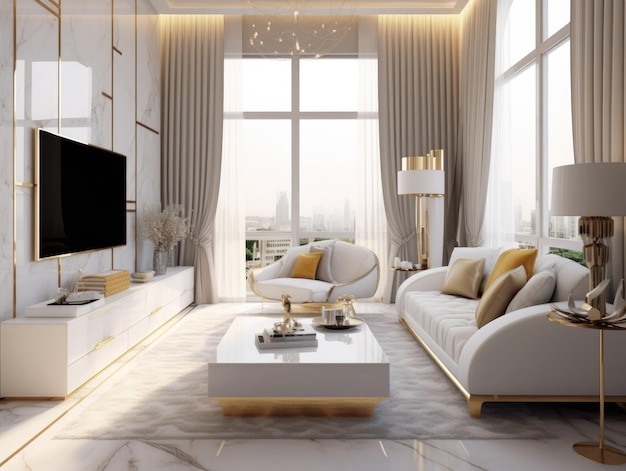 Luxuriöses Wohnzimmer im Stil von Weiß und Gold mit TV auf dem Schrank, einem Sofa und einem großen Fenster Generative KI