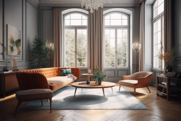 Luxuriöses Wohnzimmer mit eleganten Möbeln und einem funkelnden Kronleuchter Generative AI