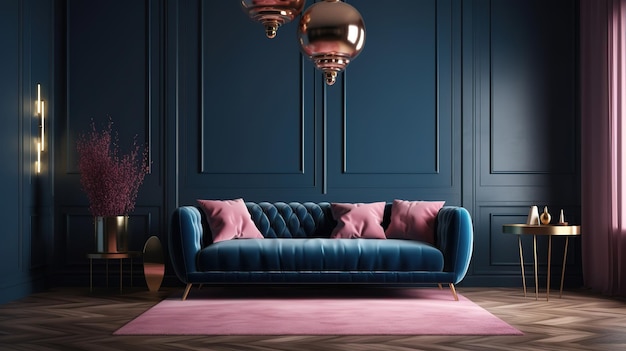 Luxuriöses Wohnzimmer mit grauem Samtsofa und blauem Teppich von Generative Ai