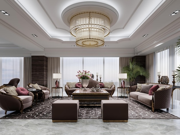 Luxuriöses Wohnzimmer mit Sitzbereich mit braunen Designer-Stoffmöbeln