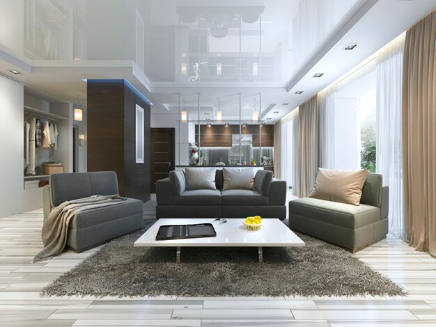 Luxuriöses Wohnzimmerstudio im modernen Stil mit bequemen Sesseln und einem Sofa in Olivgrün. Studio-Apartment mit Küche und Wohnzimmer und einem Flur mit Garderobe. 3D-Rendering.