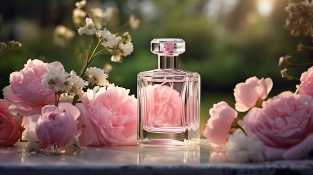 Luxuriosa botella de fragancia floral y flor rosada
