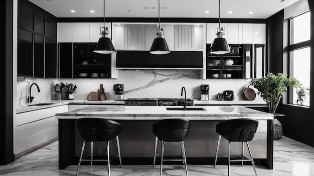 Luxuriosa cocina moderna decoración interior contemporánea y muebles diseño de interiores en blanco y negro