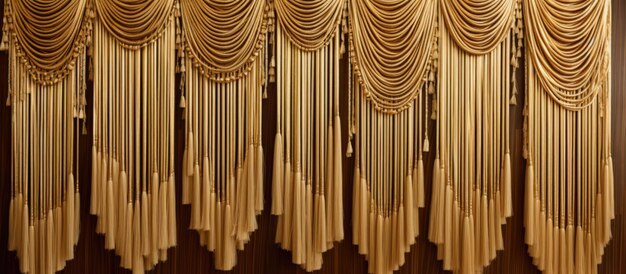 Luxuriosa cortina dorada con borlas de decoración interior pared de madera