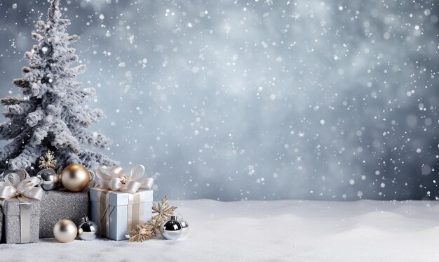 Foto luxurioso árbol de navidad dorado y blanco y cajas de regalos la nieve cae en el fondo