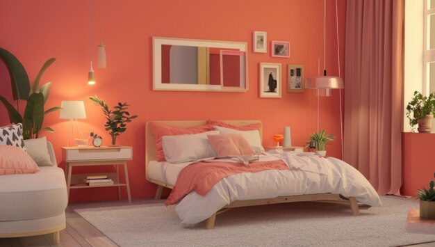 Luxurioso y suave dormitorio de color naranja con viuda para la luz del sol