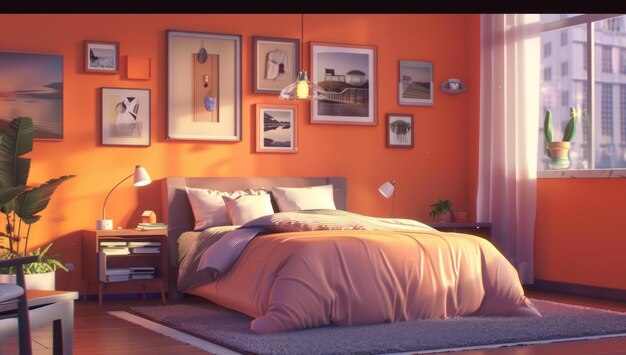 Foto luxurioso y suave dormitorio de color naranja con viuda para la luz del sol