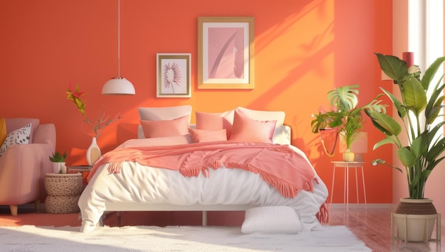 Luxurioso y suave dormitorio de color naranja con viuda para la luz del sol