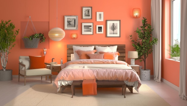 Luxurioso y suave dormitorio de color naranja con viuda para la luz del sol