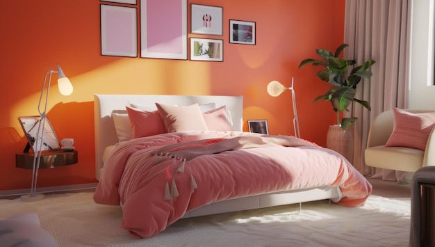 Foto luxurioso y suave dormitorio de color naranja con viuda para la luz del sol