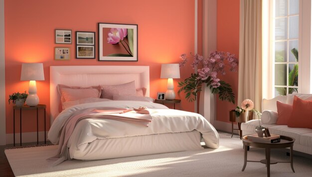 Foto luxurioso y suave dormitorio de color naranja con viuda para la luz del sol