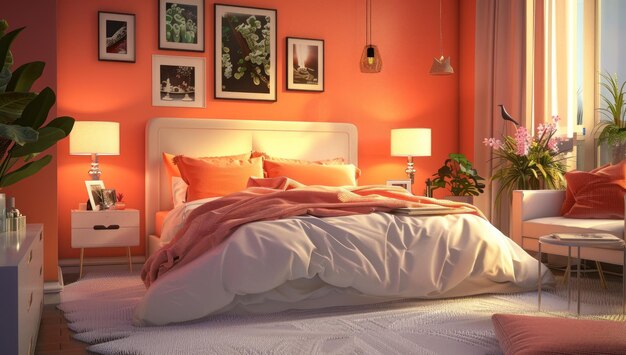 Luxurioso y suave dormitorio de color naranja con viuda para la luz del sol