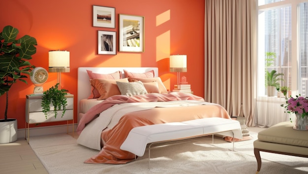 Foto luxurioso y suave dormitorio de color naranja con viuda para la luz del sol