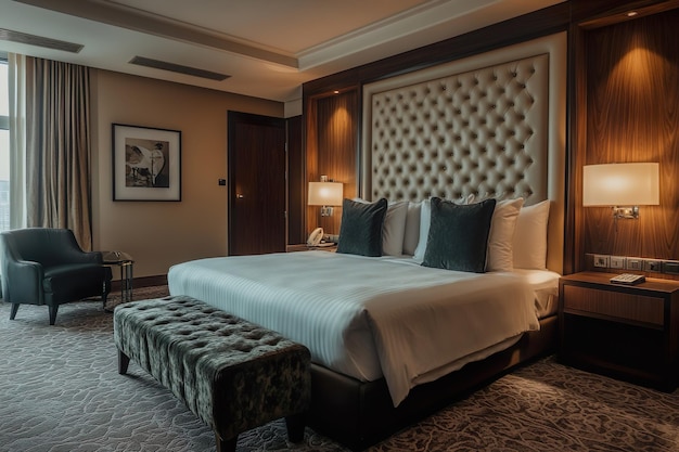 Luxurosa habitación de hotel moderna con muebles elegantes y una suave iluminación ambiente