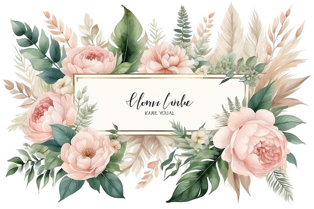 Luxuroso beige de moda diseño vectorial acuarela marco de bandera marfil rosa rojo hortensia camelia peonía pampas hierba helecho eucalipto decoración de bodas Los elementos están aislados y editables