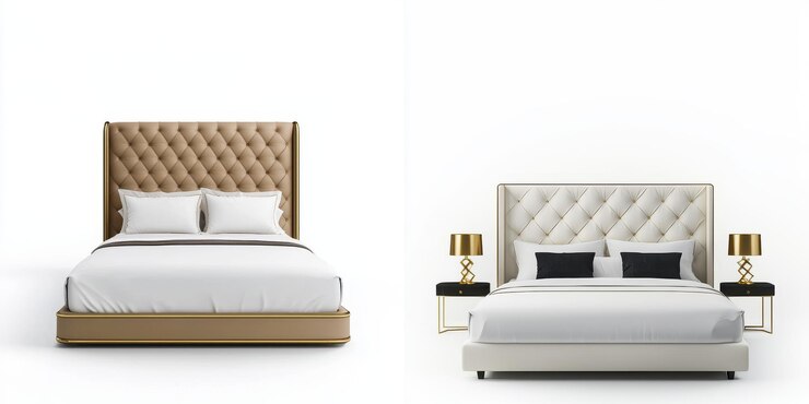 Luxuroso dormitorio moderno con cama tufted de tamaño king con diseño elegante decoración sofisticada incluye mesas de noche elegantes y lámparas chic que crean una atmósfera serena