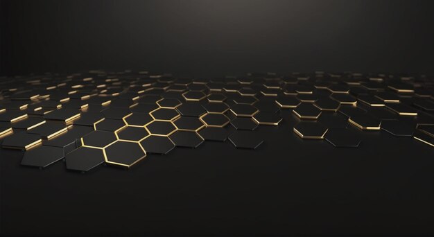 Luxuroso Hexagonal Abstracto Fondo de Metal Negro con Líneas de Luz Dorada Ilustración de stock