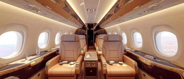 Luxuroso interior de avión privado con espaciosos asientos cómodos que invitan a viajes de alta clase