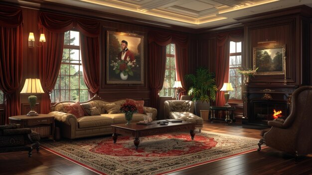 Foto luxuroso interior de la sala de estar con chimenea, sofá, sillones y mesa de café