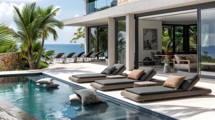 Luxuroso salón junto a la piscina con cómodos asientos palmeras y vista al océano