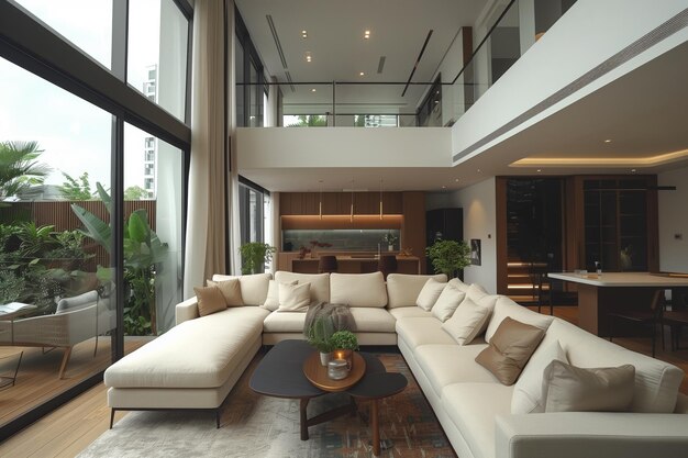 Luxuroso salón minimalista con techos altos sofás de peluche y líneas arquitectónicas limpias AI Gen