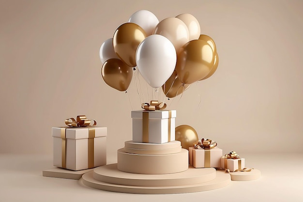 Luxury Beige Balloon and Present Box Rendering 3D para ilustração de desenho animado de design comercial