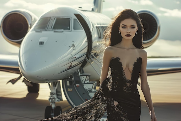 Luxury Couture Un modelo de elegancia junto a un jet privado