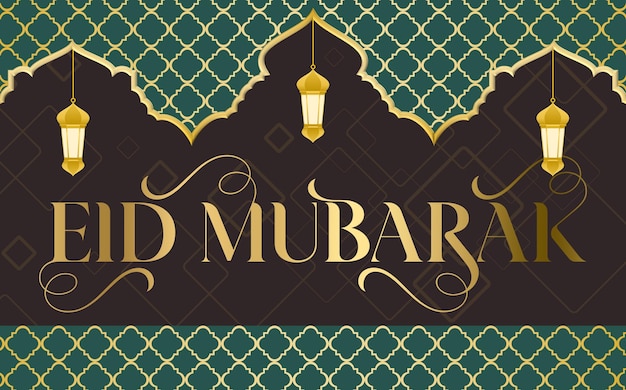 Luxury Eid Mubarak en oro y verde con patrones islámicos listos para las impresiones y pancartas